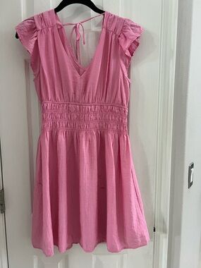 🌸 Blue Pepper Pink Smocked Waist Flutter Sleeve Dress
